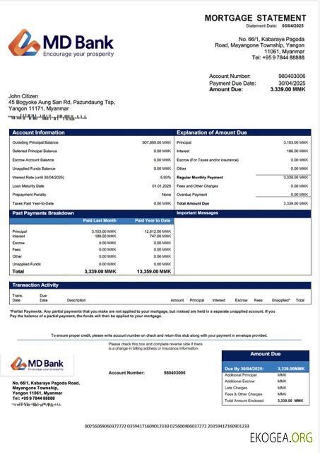 Modèle Word et PDF de relevé hypothécaire de la Myanmar MD Bank